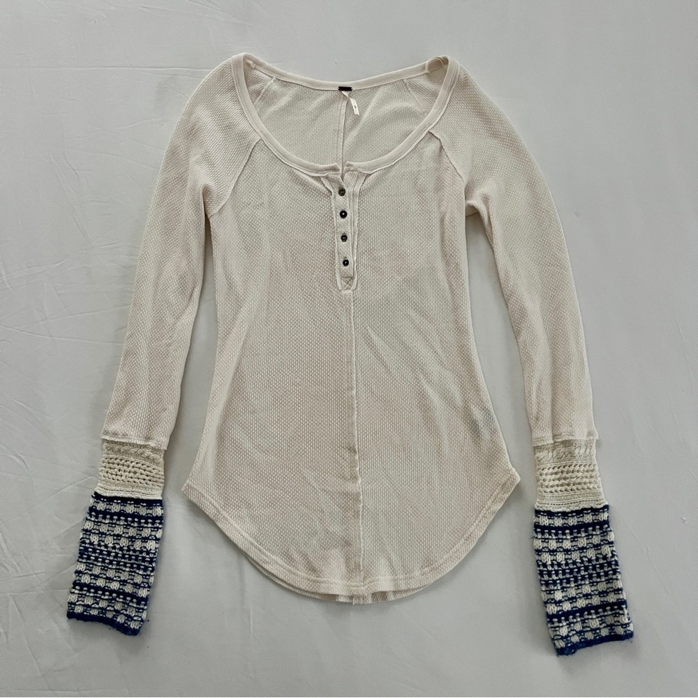 Free People Sz S Ski Lodge Thermal Top Waffle Henley Ivory Nordic Boho